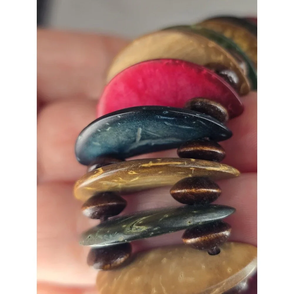 Vintage Stretch Bracelet Multicolor Shell Wood Beaded Boho Tropical Shell Tribal